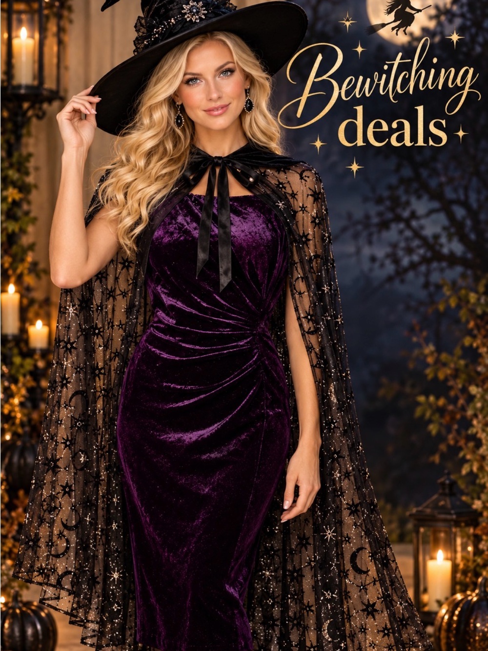 Mystic Velvet Witch Costume Dress with Starry Cape - Purple